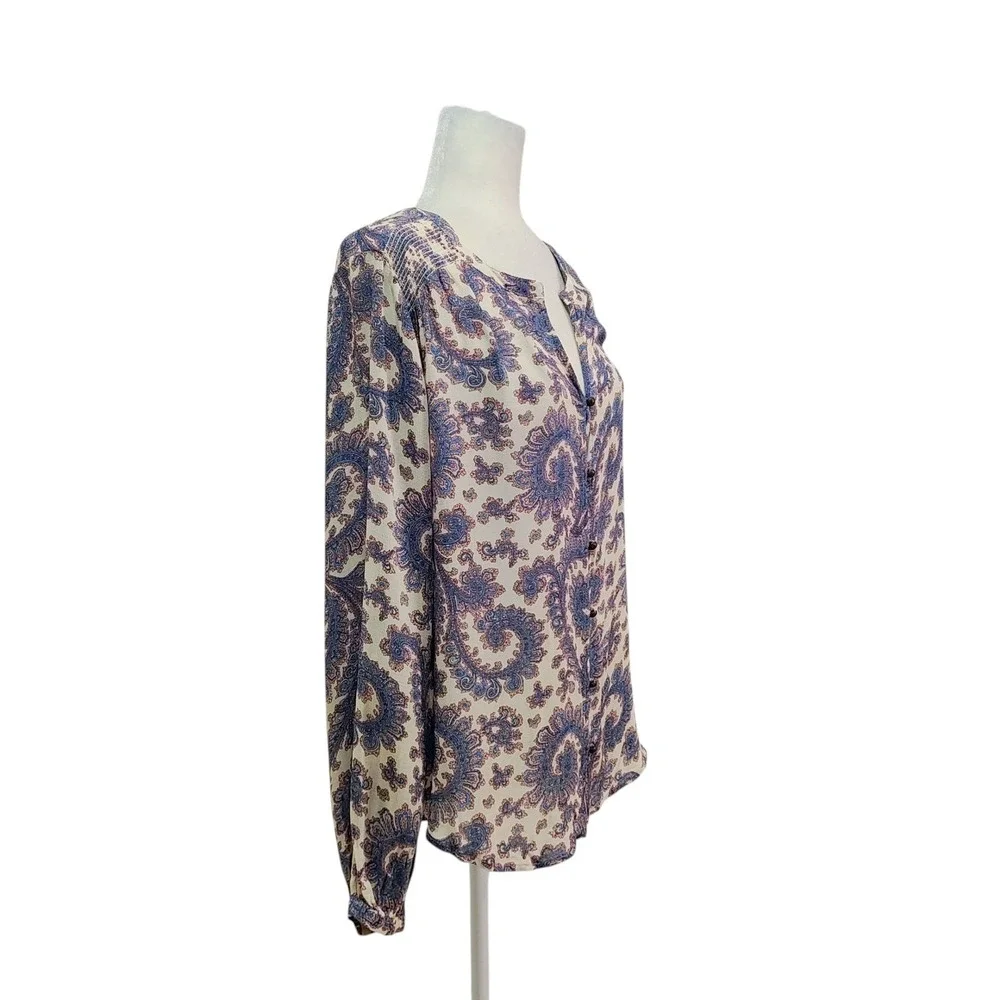Lucky Brand Paisley Print Long Sleeve V Neck Blouse Women's Large Cream Blue‎